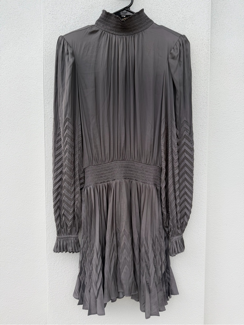 Ramy Brook | XS Gray Long-Sleeve Smocked Mock Neck Chevron Cinch Dress NWT $565
